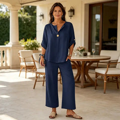 Set de Damă Casual din 2 Piese – Bluză Lejeră cu Nasture și Pantaloni Largi, Material cu Aspect de In și Croială Modernă