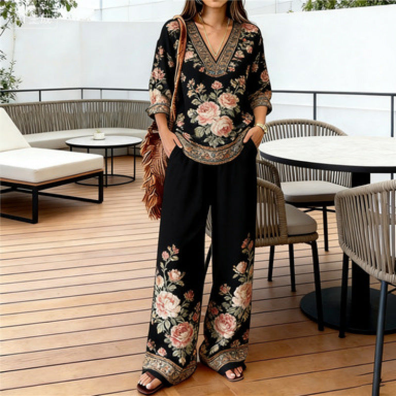 Compleu Premium de Damă din 2 Piese, Stil Boho Chic cu Imprimeu Etnic, Bluză cu Decolteu în V și Pantaloni Largi Eleganți