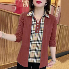 [Cel mai bine vândut articol al acestui sezon] Cămașă elegantă în carouri, design patchwork, cămașă falsă din două piese