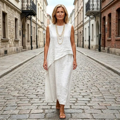 🤍 【Top fără mâneci + fustă midi】Set casual din in cu design franțuzesc