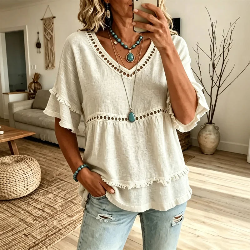 👚 Tricou din bumbac și in, stil boem, cu decupaje și mâneci cu volane și franjuri