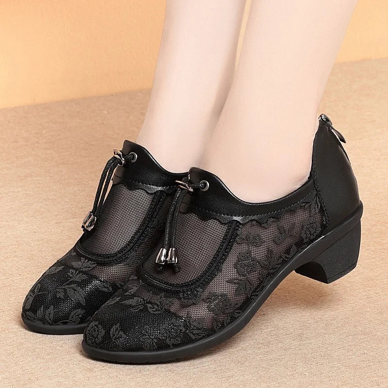👡 Pantofi Tăiați de Vară cu Plasă și Toc Gros Premium – Moale și Respirabili, Fermoar la Spate, 2 Culori, Mărimi 35-40! 🌸☀️