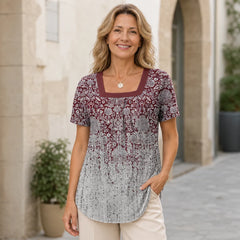 Bluză de Vară Casual cu Guler Pătrat și Detalii Plisate, Tricou Lejer cu Imprimeu Floral, Material Moale, Respirabil și Prietenos cu Pielea