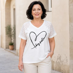 【Ideal pentru femei | Mărimi mari】Tricou la modă cu decolteu în V și inserții din dantelă