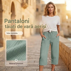 Pantaloni trei sferturi plisați pentru damă – din bumbac și in, culoare solidă