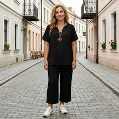 Set Elegant din Bumbac Mărimi Mari: Bluză cu Guler în V și Pantaloni Largi, Confortabil și Stilat, XL-5XL