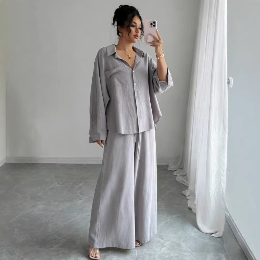 Compleu Damă Elegant din Bumbac și In: Cămașă Lejeră Oversized și Pantaloni Ultra-Largi, Material Moale, Respirabil și Răcoros