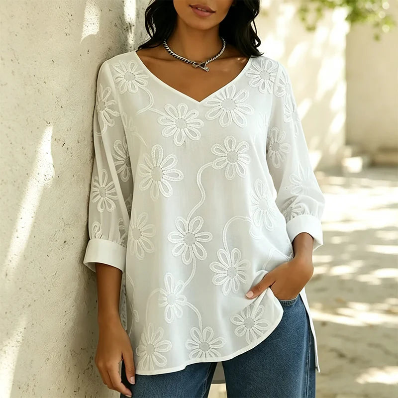 🌼Tricou V-neck la modă, cu broderie florală de margarete