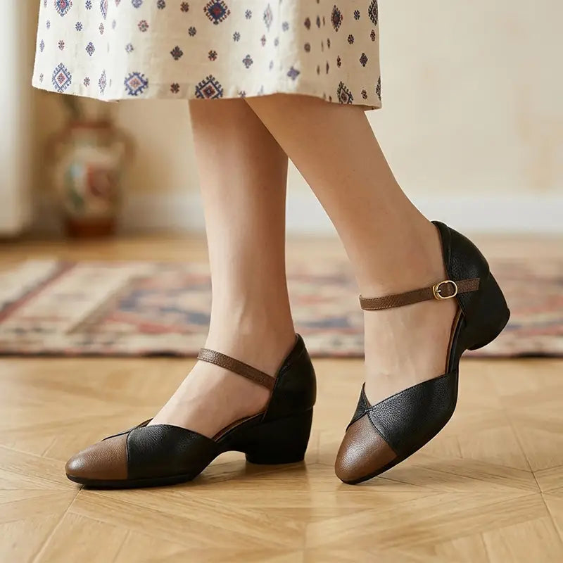 👠 Pantofi cu toc tip wedge, stil francez retro, cu design în culori contrastante