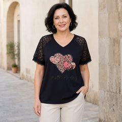 【Ideal pentru femei | Mărimi mari】Tricou la modă cu decolteu în V și inserții din dantelă
