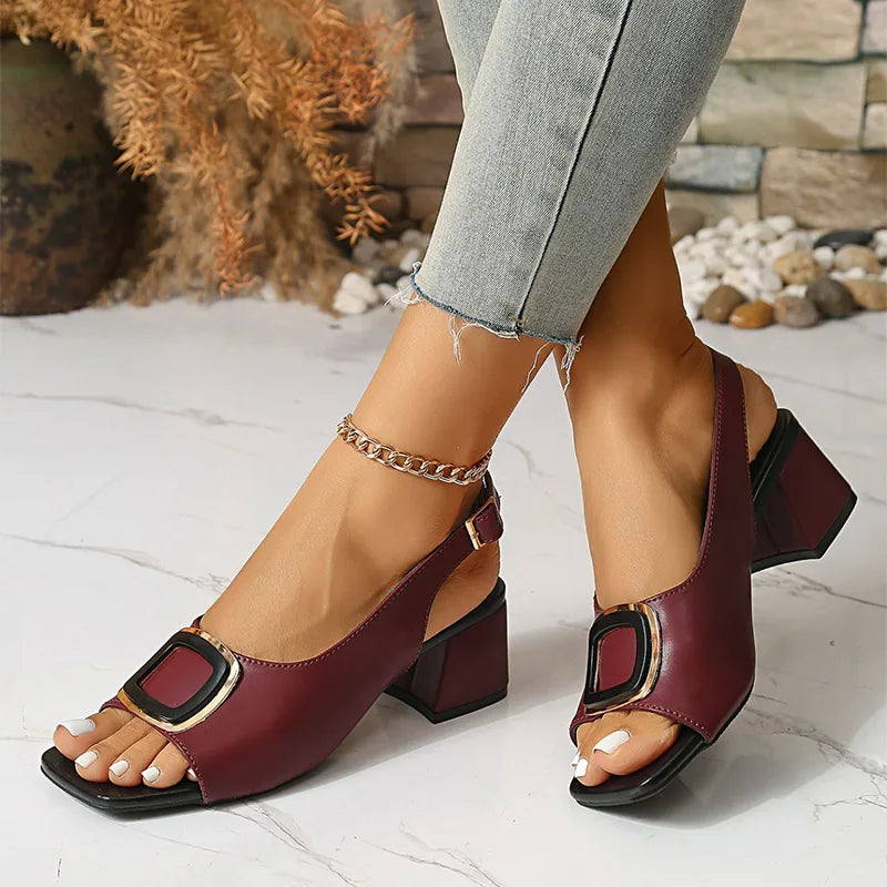 Sandale Elegante din Piele cu Toc Gros pentru Femei | Pantofi Slingback cu Vârf Pătrat și Cataramă Metalică, Talpă Moale Anti-Durere