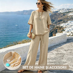 🏖️ Set casual de vacanță din in｜La comandă primești cadou un set de 3 coliere cu turcoaz – super avantajos✨