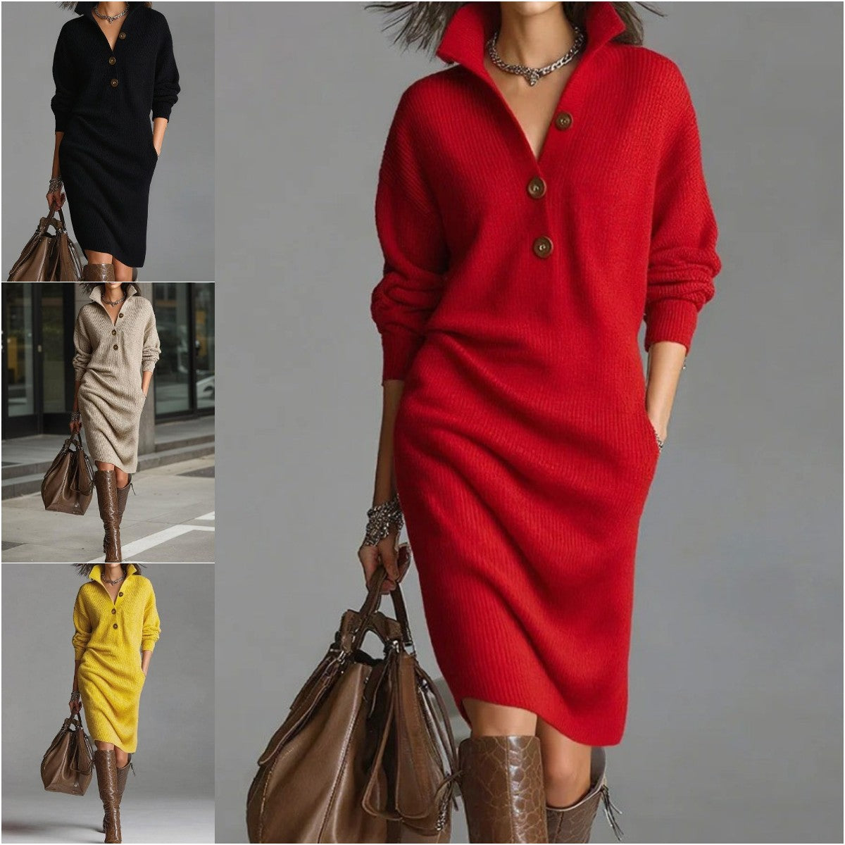 🔥【S-3XL】Νέο πλεκτό φόρεμα με γιακά σε ευρωπαϊκό και αμερικανικό στιλ