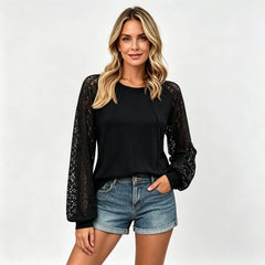 【Bumbac Pur Premium】Bluză cu Mâneci Lungi din Dantelă Perforată în Stil Francez