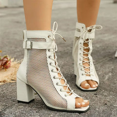 Botine de Vară Elegante cu Toc Gros 8cm: Design Plasă Respirabilă, Stil Roman, Mărimi 35-42