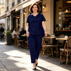 ✨Set de Damă din 2 Piese – Bluză cu Guler în V și Nasturi Decorativi, Pantaloni cu Design Modern și Rafinat