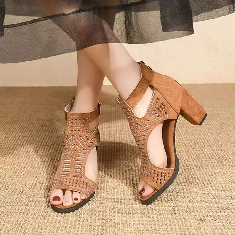 Sandale de Damă Elegante cu Toc Gros și Pietre Strălucitoare – Design Decupat cu Strasuri pentru Evenimente