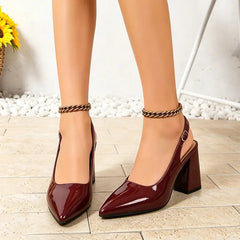 Pantofi de Damă Eleganți din Piele Lăcuită Vișinie – Toc Gros și Vârf Ascuțit, Stil Slingback Rafinat