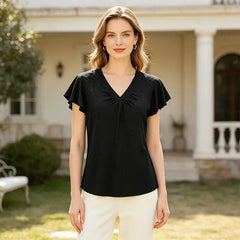 👚 tricou la modă din bumbac, cu decolteu în V, mâneci cu volane și decupaje elegante