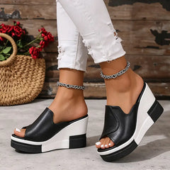 ⚫⚪【Material din piele naturală îmbunătățit】Papuci moderni cu talpă tip platformă wedge