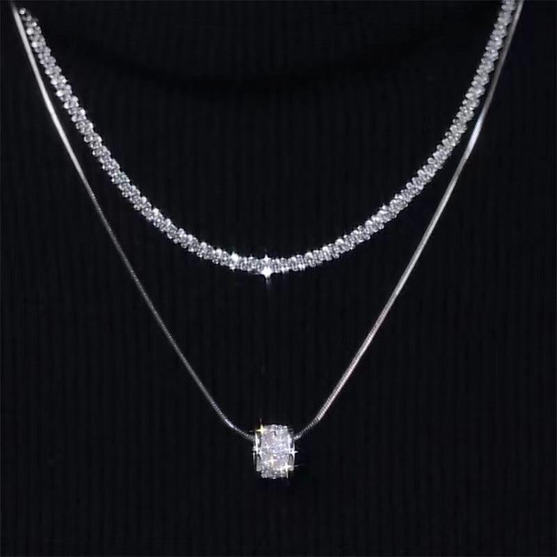 💖💎Colier elegant cu două straturi, cu claviculă din argint S925 cu diamante