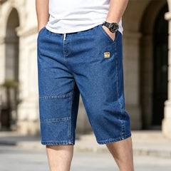 Pantaloni Scurți Denim Trei Sferturi pentru Bărbați, Blugi Subțiri și Reci de Vară, Talie Elastică cu Șnur, Model Oversize Relaxed Fit, Material Moale și Respirabil