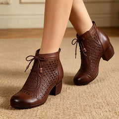 Ghete de Vară din Piele cu Model Perforat și Toc Gros - Stil Retro, Confortabile și Respirabile
