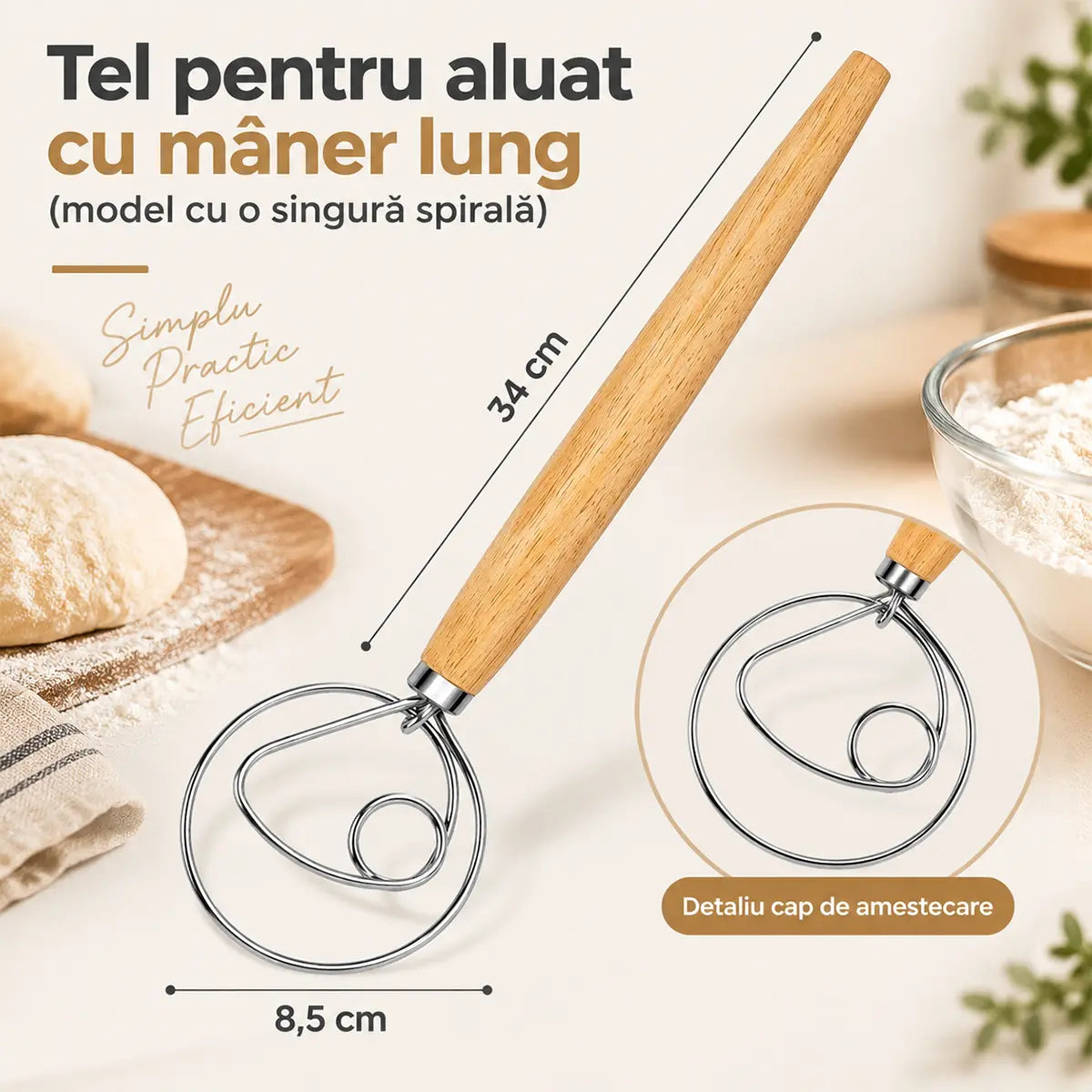 🥖 Mixer manual de făină din oțel inoxidabil cu mâner din lemn de stejar  | Instrument indispensabil pentru coacere, frământare și cernere · Cumpără unul și primești unul gratis (primești 2 bucăți) 🌾