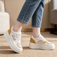 Pantofi Sport de Damă cu Platformă Super Înaltă – Stil Modern, Alb cu Detalii Galbene, Confortabili