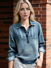 🎁【Reducere la Produs Nou – Revine la prețul inițial în curând】Cămașă tricotată de damă cu detalii din denim