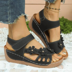【Piele naturală modernizată】Sandale cu platformă tip pană și flori în stil retro