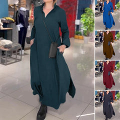 💋【35% REDUCERE】【S-3XL】Rochie casual cu mânecă lungă și decolteu în V, de culoare pură