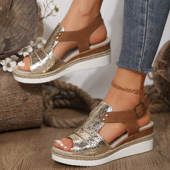 Sandale Fashion din Piele Naturală cu Talpă Tip Pană și Design Bicolor
