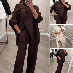 🔥【Reducere la Produs Nou - În Curând la Prețul Original】🔥Set Tricotat Casual Modern【Pulover Asimetric + Pantaloni Lărguți】