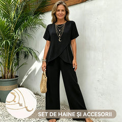 🌟【La comandă primești cadou colier layering stea & lună – doar pentru primele 100 de comenzi】Set modern cu design asimetric – tricou cu guler rotund + pantaloni largi