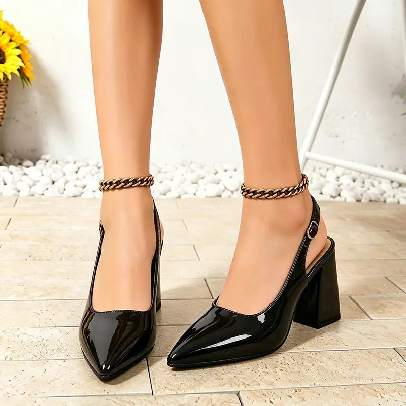 Pantofi de Damă Eleganți din Piele Lăcuită Vișinie – Toc Gros și Vârf Ascuțit, Stil Slingback Rafinat