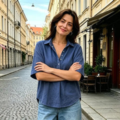 Cămașă de Vară Casual din Bumbac și In Damă: Bluză Lejeră cu Nasturi și Guler în V, Stil Retro Elegant pentru Office și Vacanță