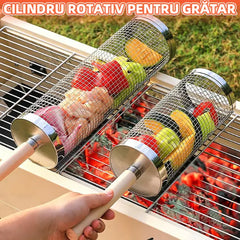 Coș Rotativ pentru Grătar din Inox Gros: Accesorii Camping și Picnic, Ideal pentru Legume și Carne