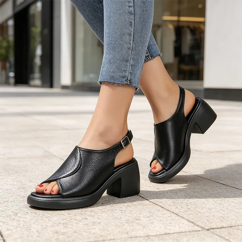 【Piele naturală premium de înaltă calitate】Sandale elegante și confortabile cu toc
