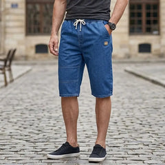 Pantaloni Scurți Denim Trei Sferturi pentru Bărbați, Blugi Subțiri și Reci de Vară, Talie Elastică cu Șnur, Model Oversize Relaxed Fit, Material Moale și Respirabil