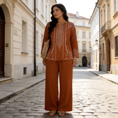 Compleu Damă Elegant din 2 Piese: Bluză cu Imprimeu Vintage și Pantaloni Largi, Material Moale, Respirabil și Lejer