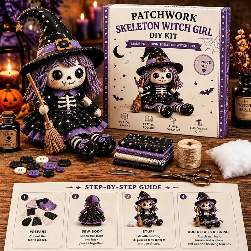 🧙‍♀️Păpușă textilă handmade în stil vrăjitoare retro (include set complet de materiale)