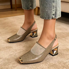 🖤【Material premium cu textură crocodil】sandale elegante și moderne cu plasă și toc gros