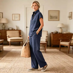 Set de Damă din In și Bumbac – Bluză cu Mânecă Scurtă și Pantaloni Largi, Stil Casual Elegant de Vară