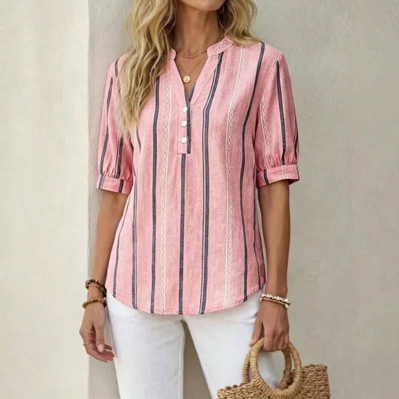 👚 Bluză de vară cu mânecă scurtă, din bumbac și in, cu dungi și material respirabil