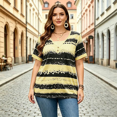 Tricou Plus Size de Damă cu Imprimeu în Dungi, Decolteu în V cu Nasturi, Bluză Lejeră și Subțire care Ascunde Abdomenul, Material Elastic și Respirabil