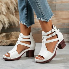 Sandale Romane cu Toc Mediu și Catarame Duble: Design Peep-Toe, Mărimi Mari Confortabile 36-43