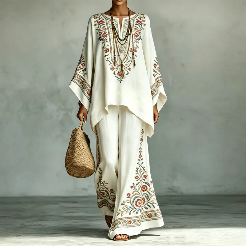 Compleu de Vară Boho din 2 Piese pentru Femei – Bluză Lejeră și Pantaloni Largi cu Broderie Florală, Material Moale, Respirabil cu Efect de In