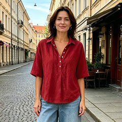 Cămașă de Vară Casual din Bumbac și In Damă: Bluză Lejeră cu Nasturi și Guler în V, Stil Retro Elegant pentru Office și Vacanță