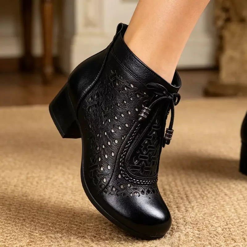 Ghete de Vară din Piele cu Model Perforat și Toc Gros - Stil Retro, Confortabile și Respirabile